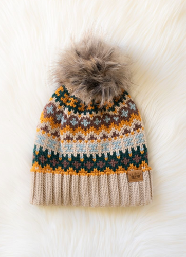 taupe, brown + green pom beanie