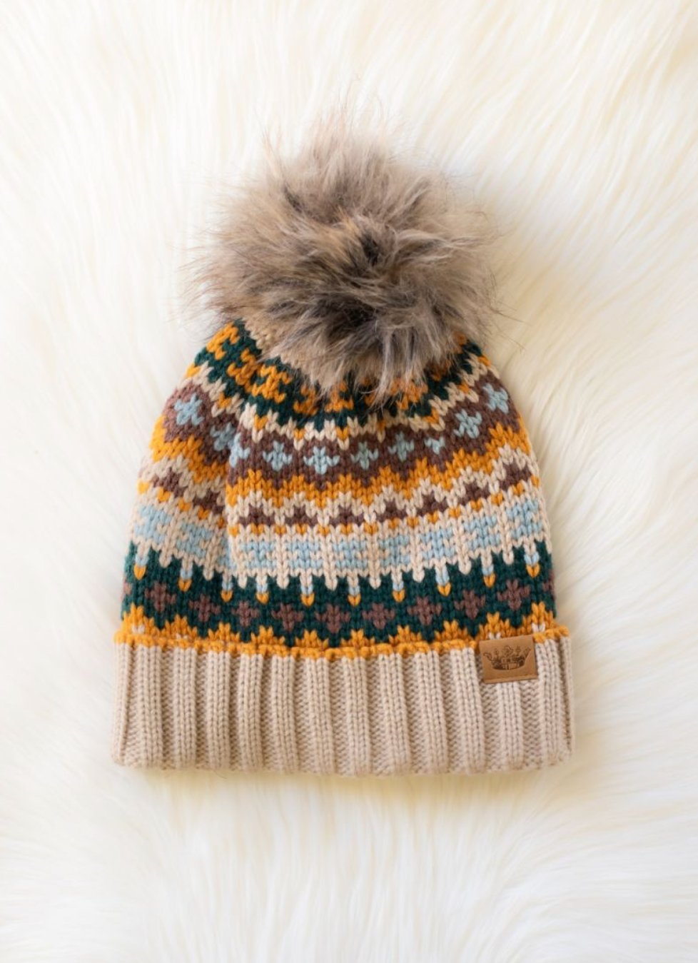 taupe, brown + green pom beanie