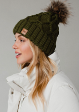 Load image into Gallery viewer, green chunky cable pom beanie