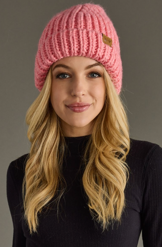 pink chunky knit beanie