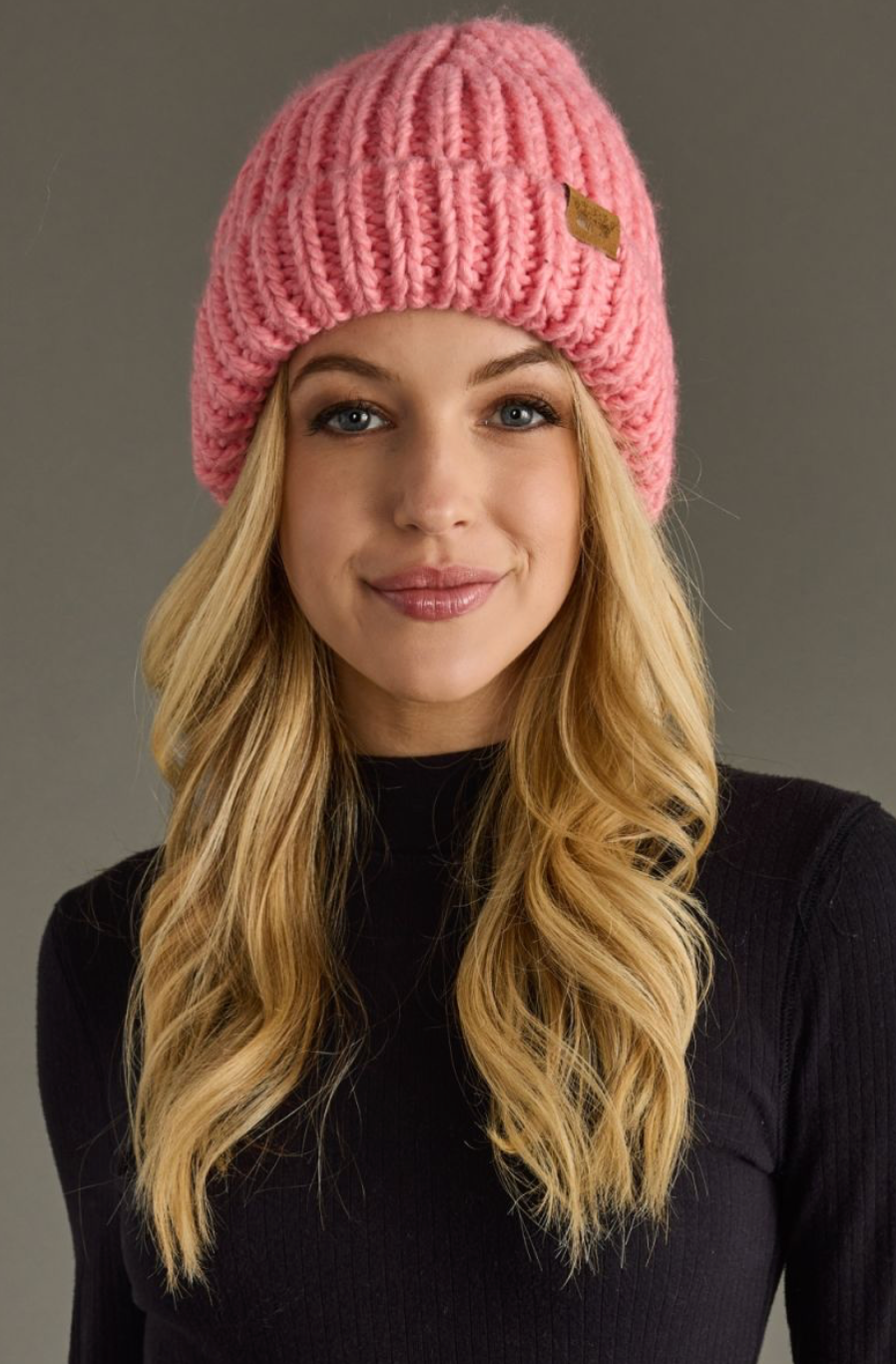 pink chunky knit beanie