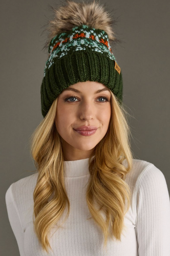 green, blue + orange pom beanie