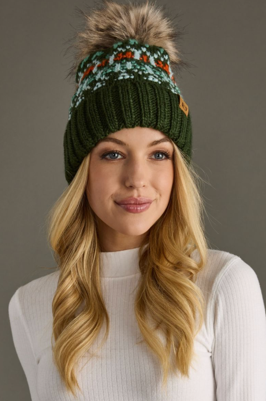 green, blue + orange pom beanie
