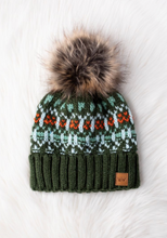 Load image into Gallery viewer, green, blue + orange pom beanie