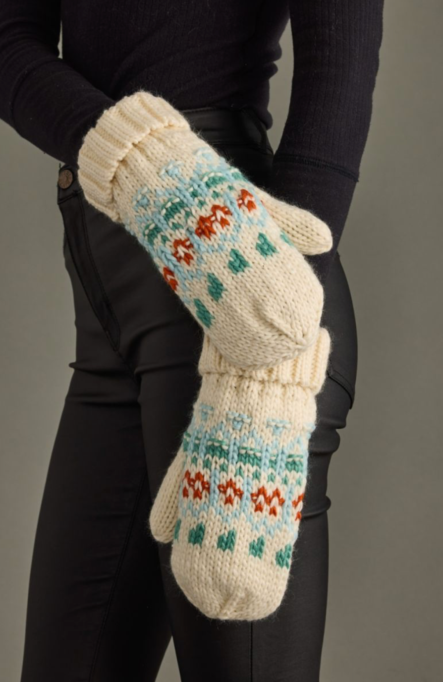 ivory, blue, green + orange mittens