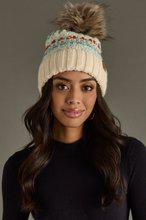 Load image into Gallery viewer, ivory, blue, green + orange pom beanie