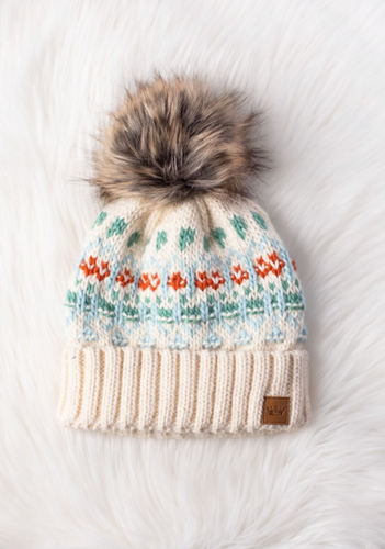 ivory, blue, green + orange pom beanie