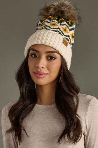 cream, green + gold nordic pom beanie
