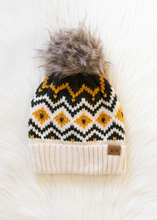 Load image into Gallery viewer, cream, green + gold nordic pom beanie