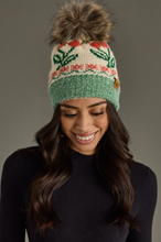 Load image into Gallery viewer, ivory + green cherry pom beanie