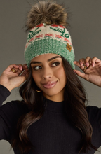 Load image into Gallery viewer, ivory + green cherry pom beanie