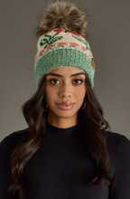 Load image into Gallery viewer, ivory + green cherry pom beanie