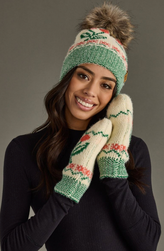 ivory + green cherry pom beanie
