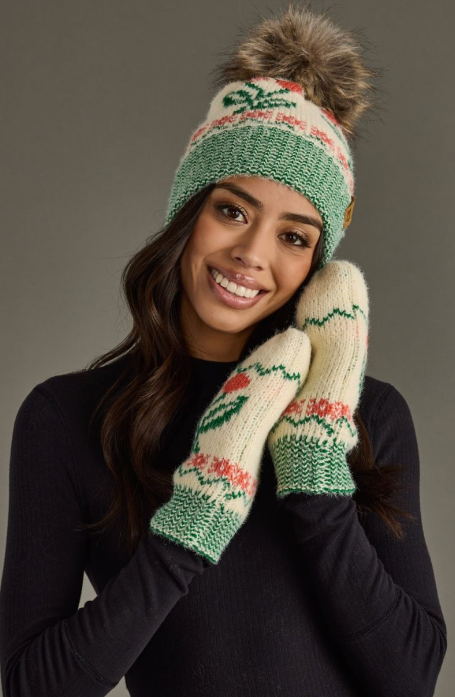 ivory + green cherry pom beanie