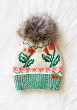 Load image into Gallery viewer, ivory + green cherry pom beanie
