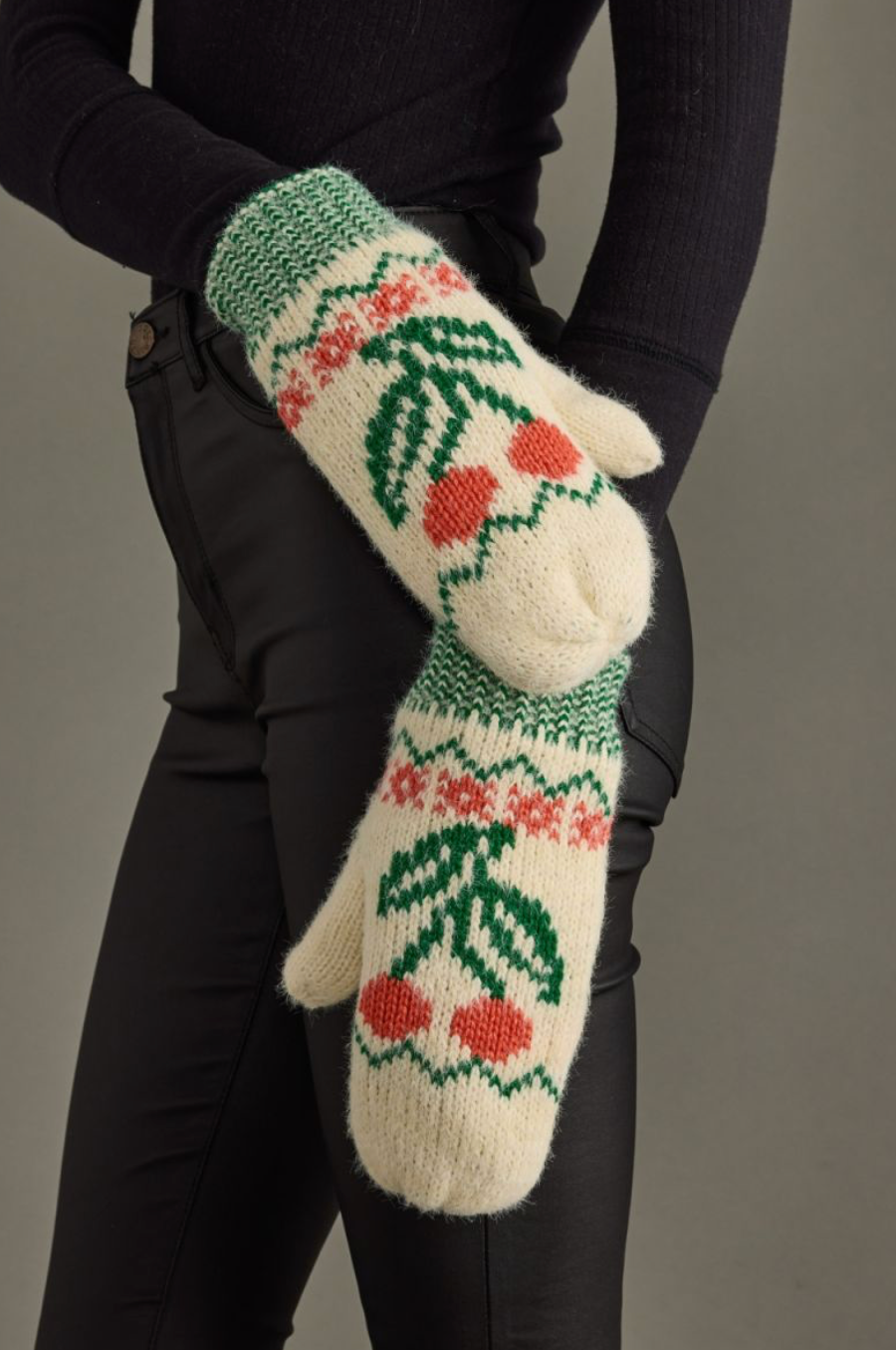 ivory + green cherry mittens