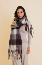 Load image into Gallery viewer, cozy black, white + tan plaid scarf