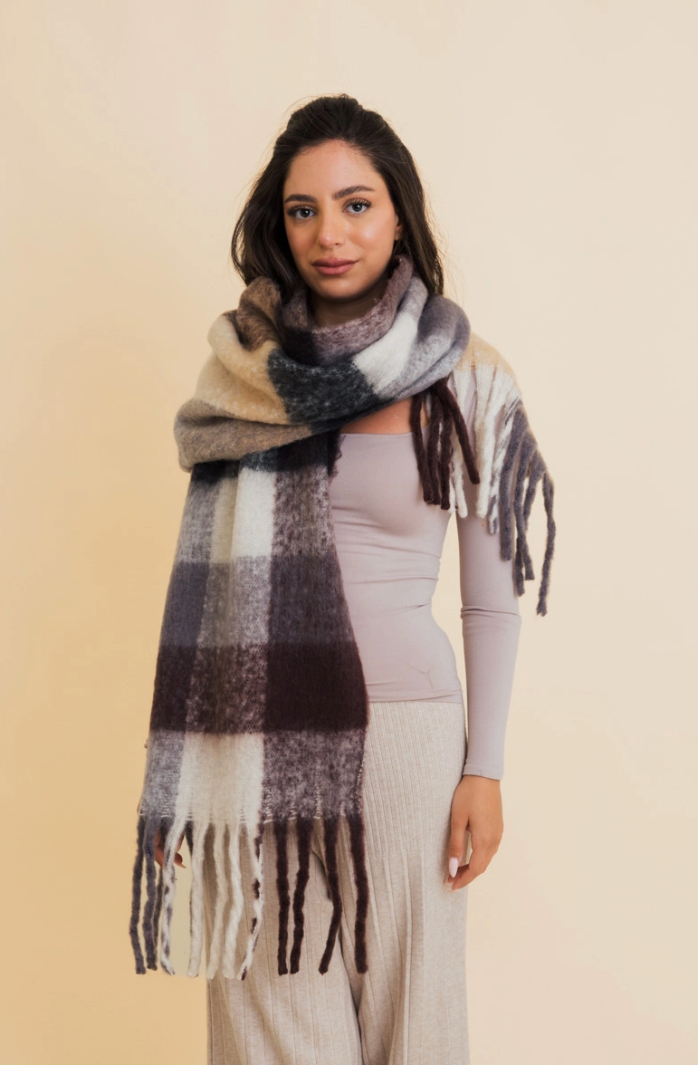 cozy black, white + tan plaid scarf