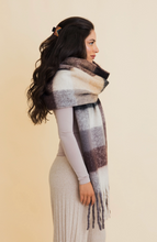 Load image into Gallery viewer, cozy black, white + tan plaid scarf