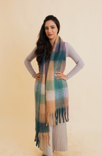 Load image into Gallery viewer, cozy teal green + lilac plaid scarf