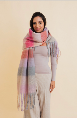 cozy pink, lilac + dusty blue plaid scarf