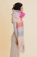 Load image into Gallery viewer, cozy pink, lilac + dusty blue plaid scarf
