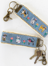 Load image into Gallery viewer, natural life denim embroidered cat keychain