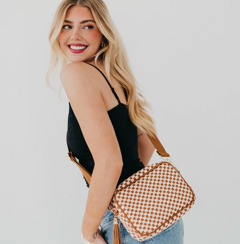 whiskey brown checkered woven crossbody camera bag
