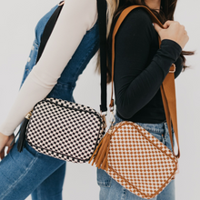 Load image into Gallery viewer, whiskey brown checkered woven crossbody camera bag