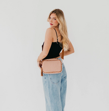 Load image into Gallery viewer, whiskey brown checkered woven crossbody camera bag