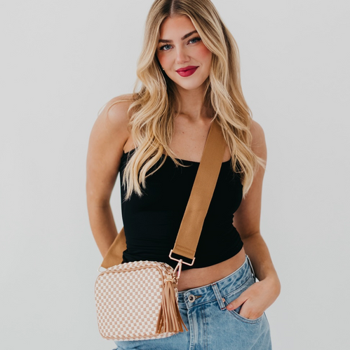 tan checkered woven crossbody camera bag