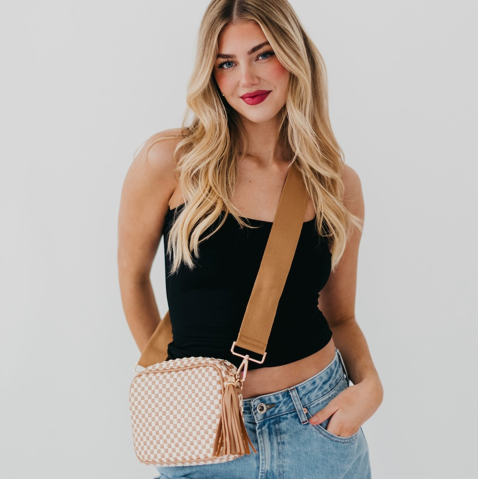 tan checkered woven crossbody camera bag