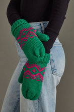Load image into Gallery viewer, bright green + pink mittens
