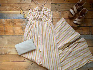 pink, gold + sand striped halter jumpsuit