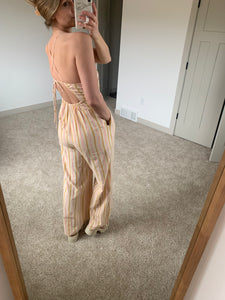 pink, gold + sand striped halter jumpsuit