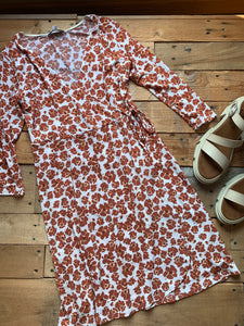 rust floral wrap dress