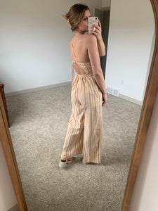 pink, gold + sand striped halter jumpsuit