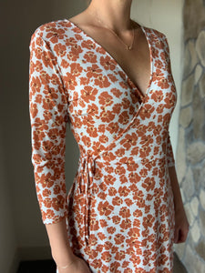 rust floral wrap dress