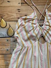 Load image into Gallery viewer, pink, gold + sand striped halter jumpsuit