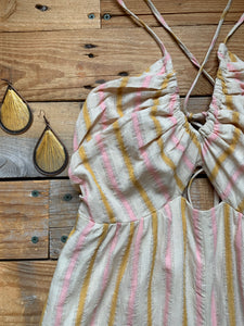 pink, gold + sand striped halter jumpsuit