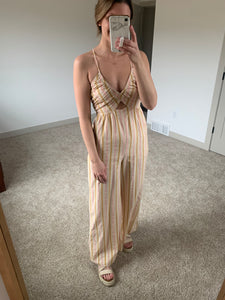 pink, gold + sand striped halter jumpsuit