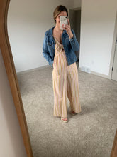 Load image into Gallery viewer, pink, gold + sand striped halter jumpsuit