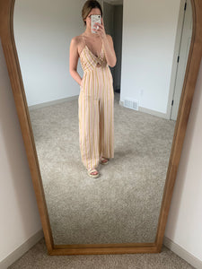 pink, gold + sand striped halter jumpsuit