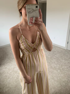 pink, gold + sand striped halter jumpsuit