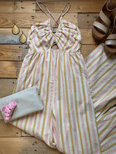 Load image into Gallery viewer, pink, gold + sand striped halter jumpsuit