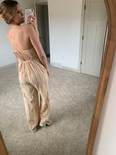 Load image into Gallery viewer, pink, gold + sand striped halter jumpsuit