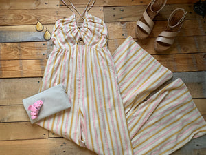 pink, gold + sand striped halter jumpsuit