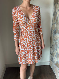 rust floral wrap dress