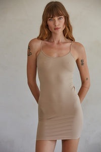 light taupe spaghetti strap slip tank dress