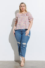 Load image into Gallery viewer, BLUE + PINK FLORAL RUFFLE TIE TOP | 1XL-3XL